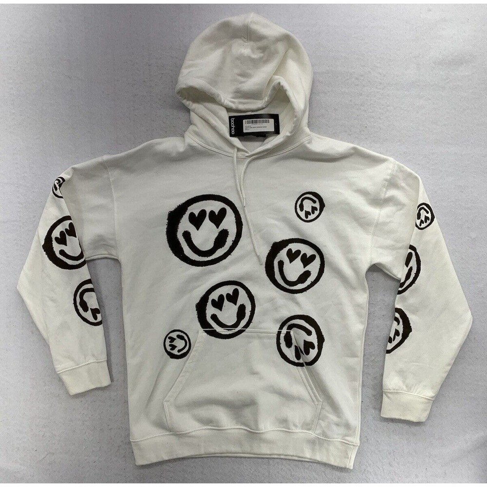 BooHoo Sweatshirt Hoodie Small Emoji Graffiti Drip Heart Face Oversize Ivory NWT